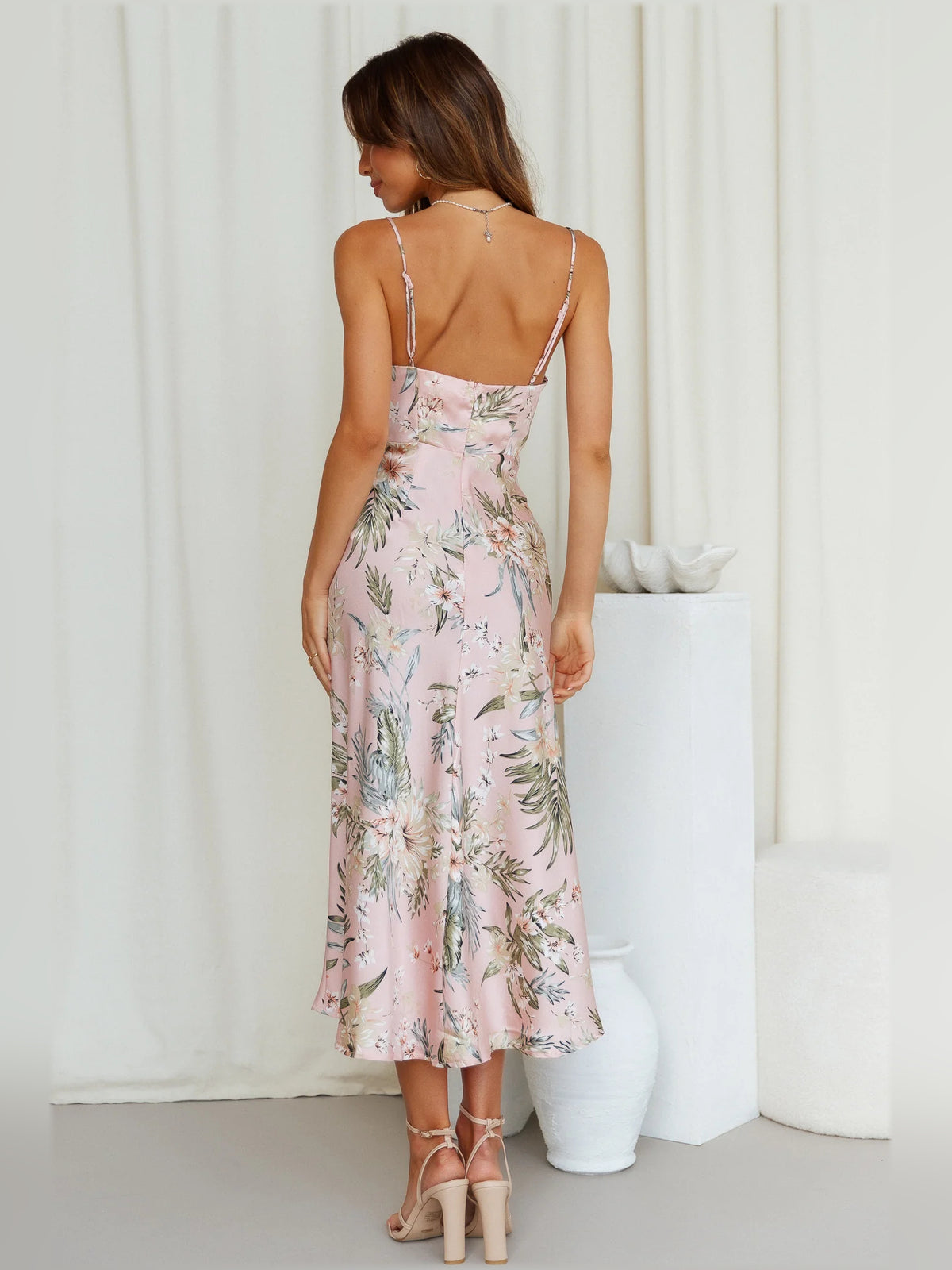 Pink midi formal dress, alternate view showing the skirt