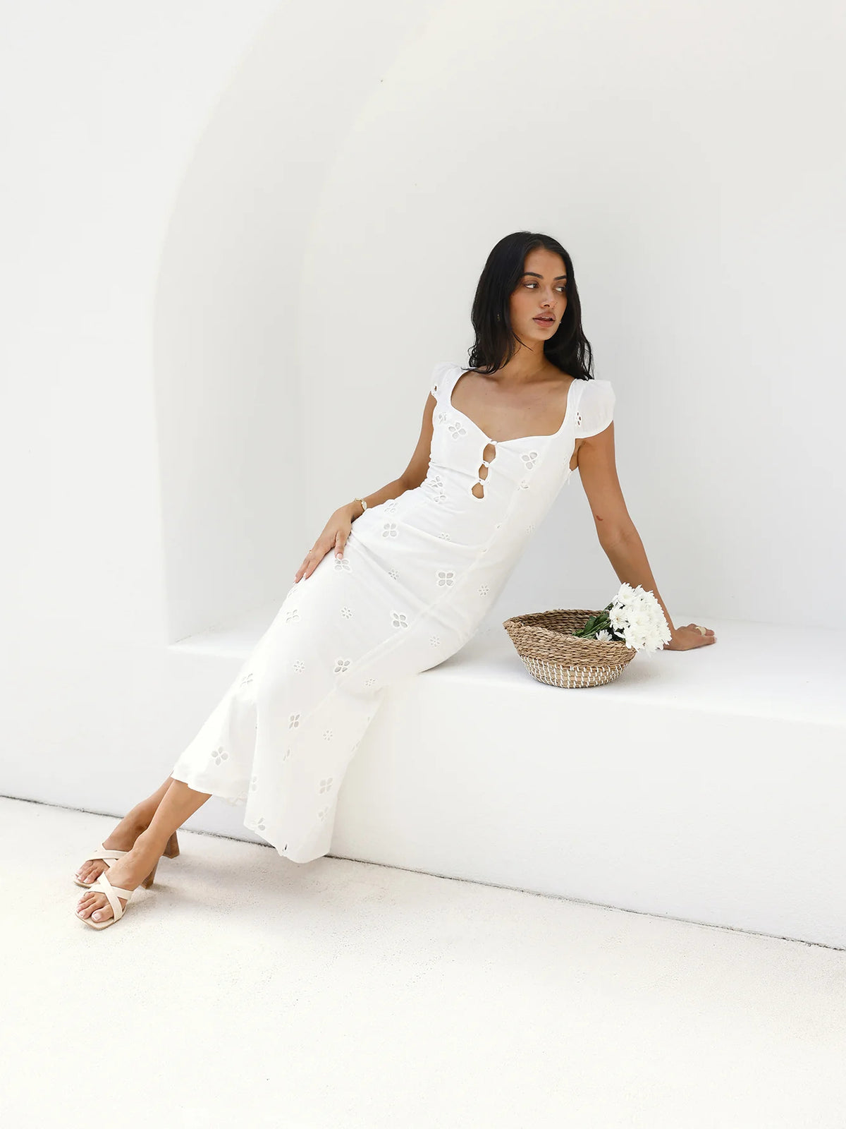 White midi formal dress, alternate view showing the skirt