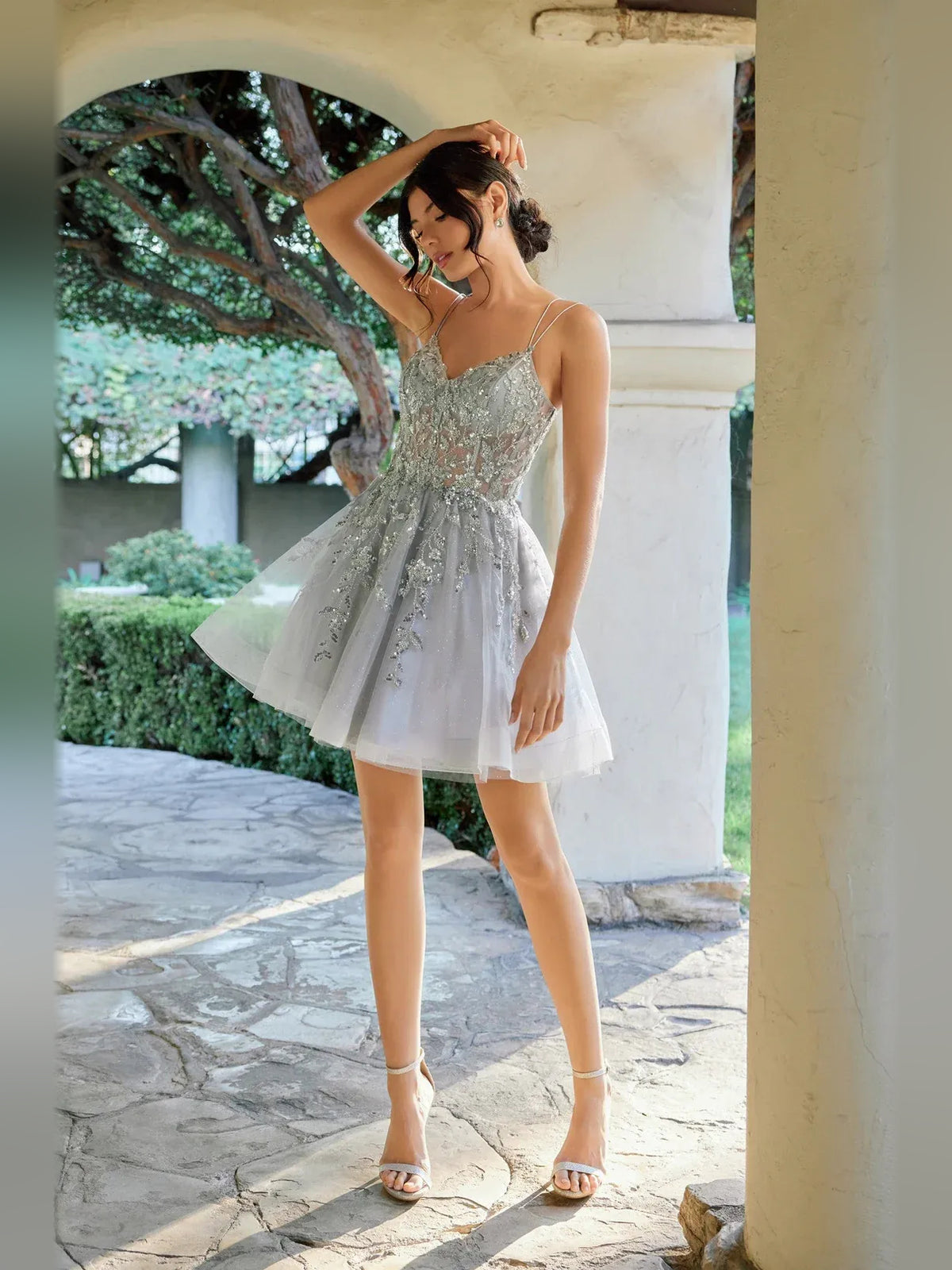 Cobalt Blue mini homecoming dress, alternate view showing the skirt and hem
