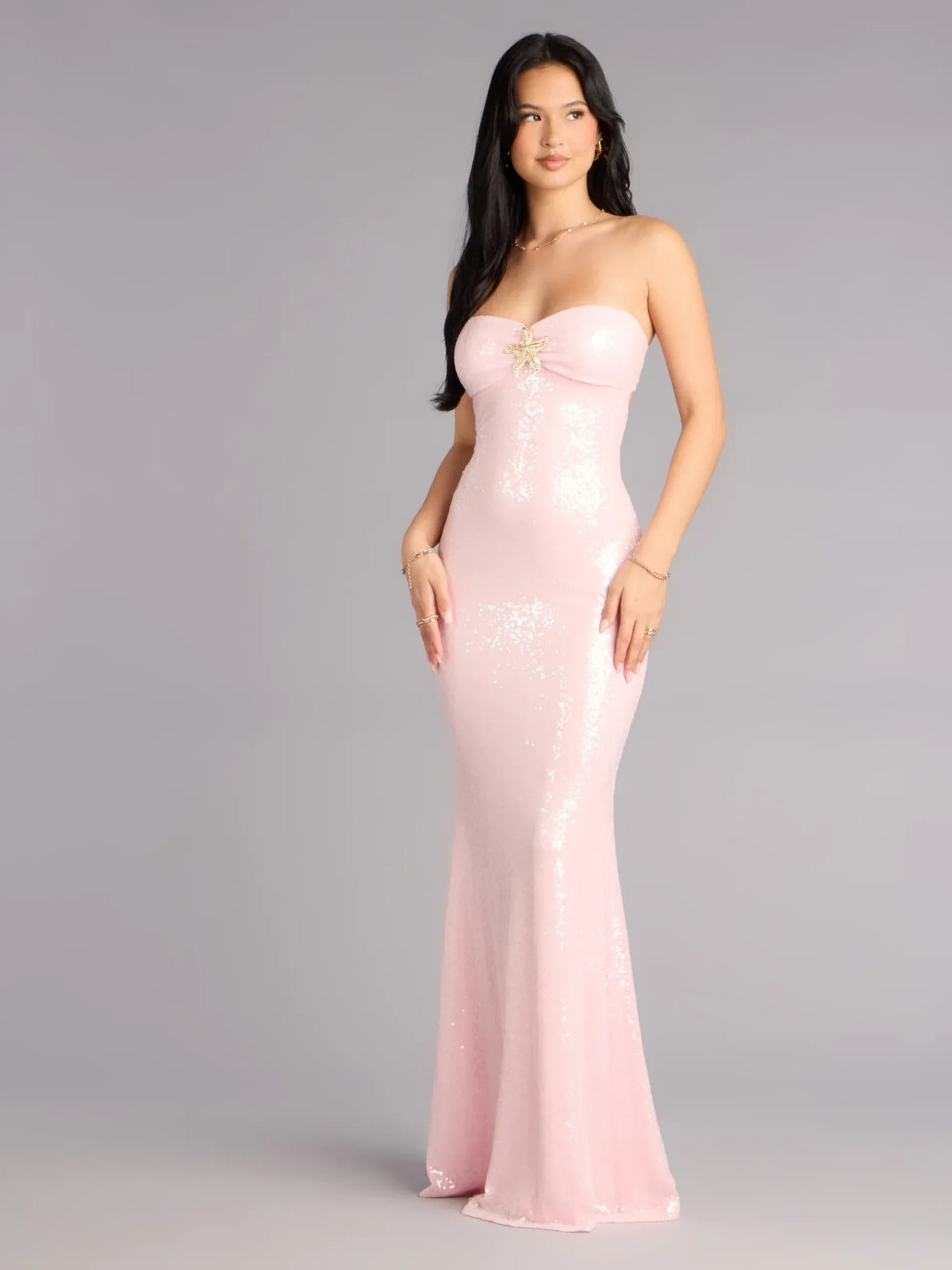 Pink mermaid floor-length formal dress with sequins, alternate view