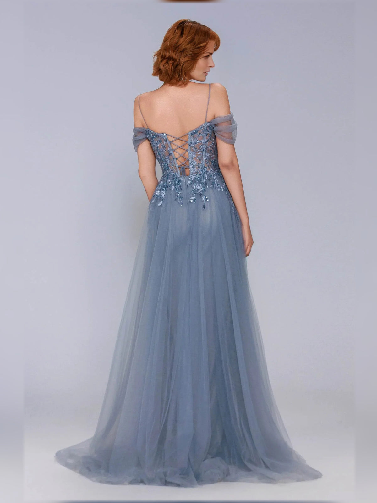 Dusty Blue mermaid floor-length formal dress with corset-style bodice, alternate view showing the skirt