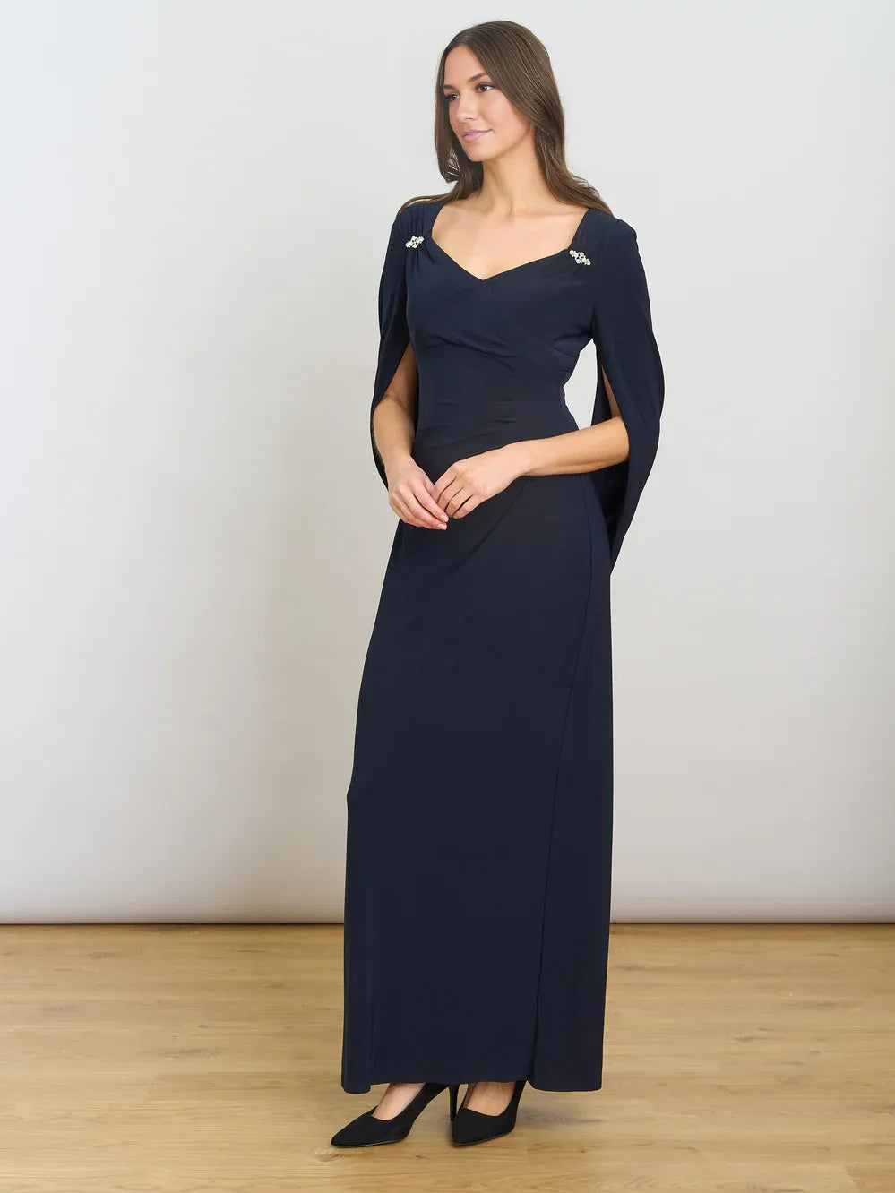 Dark Navy maxi mother of the bride dress, alternate view showing the skirt and hem