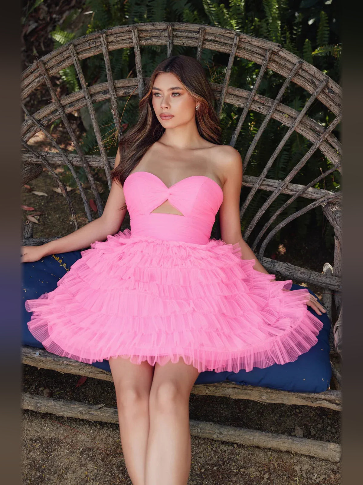 Pink mini homecoming dress, alternate view showing the skirt and hem
