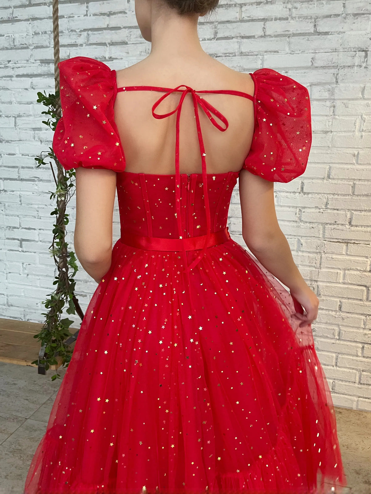 Red midi prom dress, alternate view showing the skirt and hem