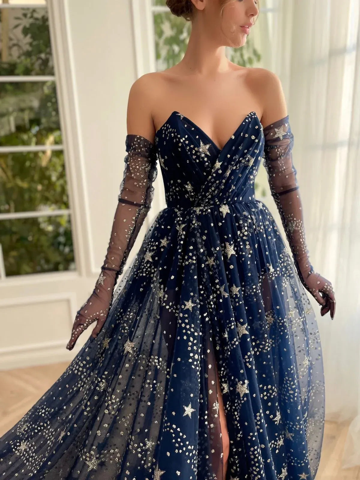 Navy Blue floor-length prom dress, alternate view showing the skirt and hem