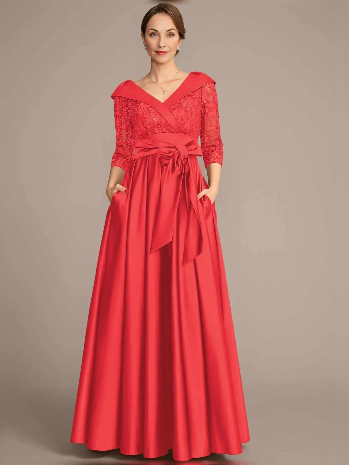 Dark Red floor-length mother of the bride dress, alternate view showing the skirt and hem