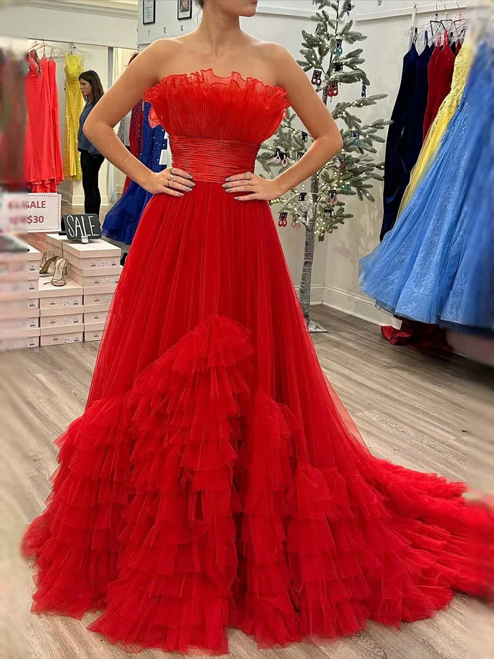 Black maxi prom dress, alternate view showing the skirt and hem