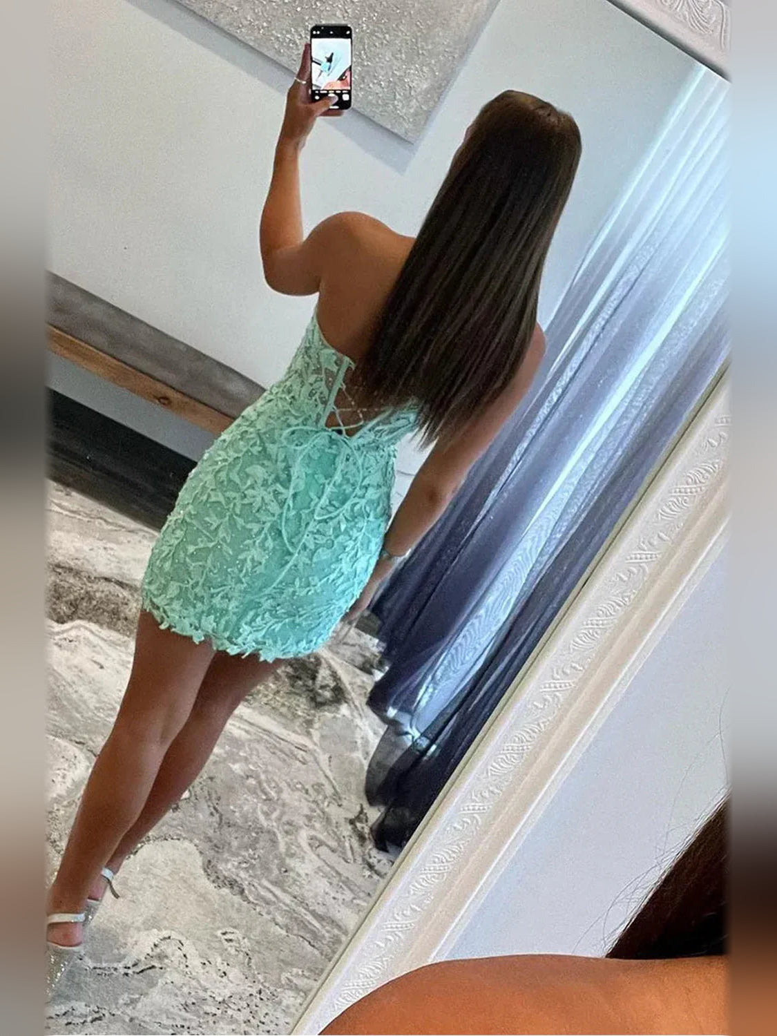Blue mini homecoming dress, alternate view showing the skirt and hem