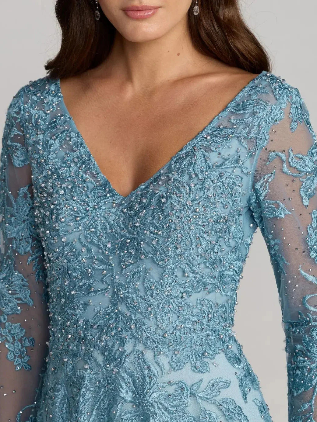 Champagne a-line floor-length formal dress with embroidery, alternate view showing the skirt