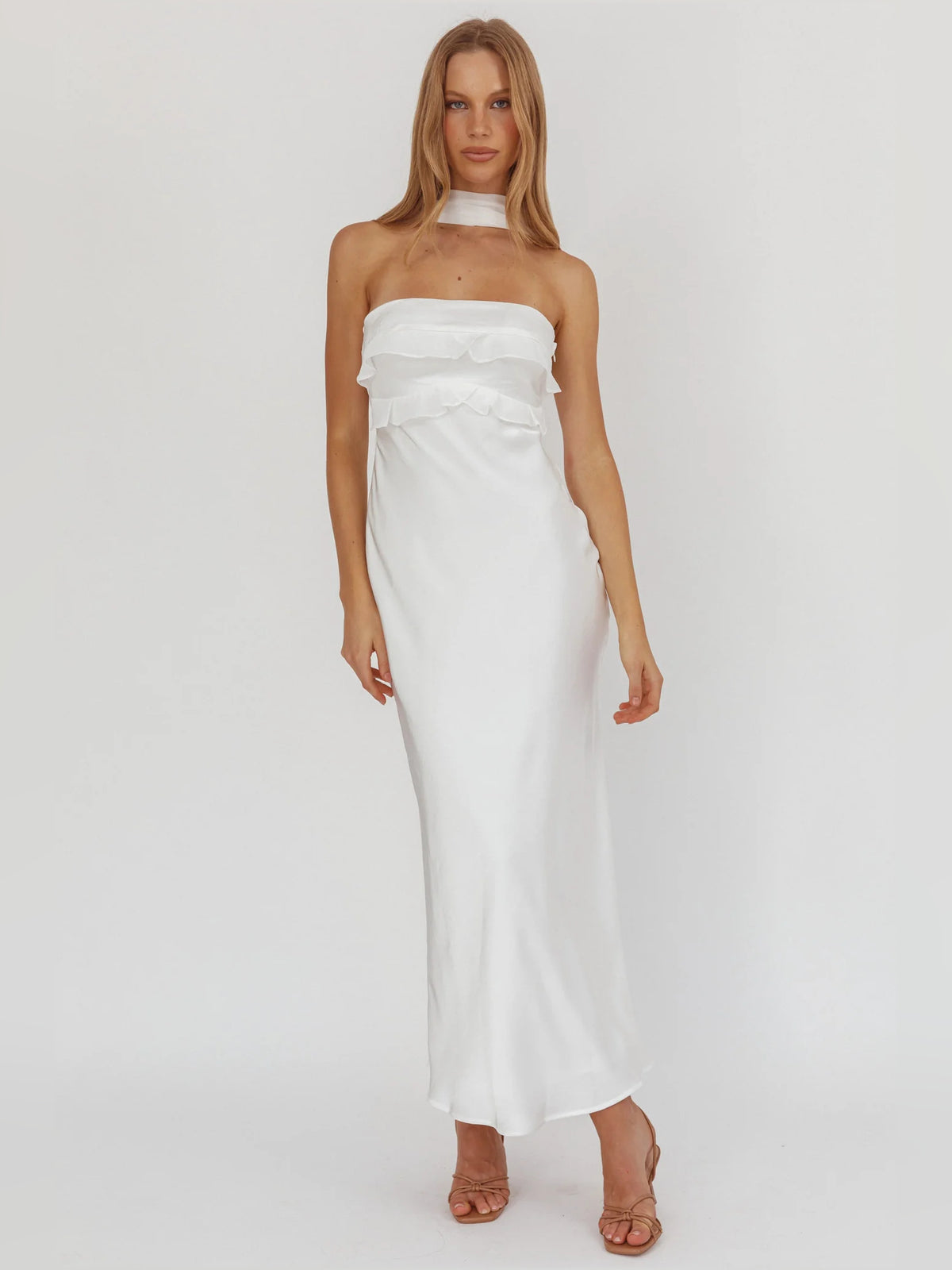 White sheath midi formal dress with ruffle details, alternate view showing the skirt