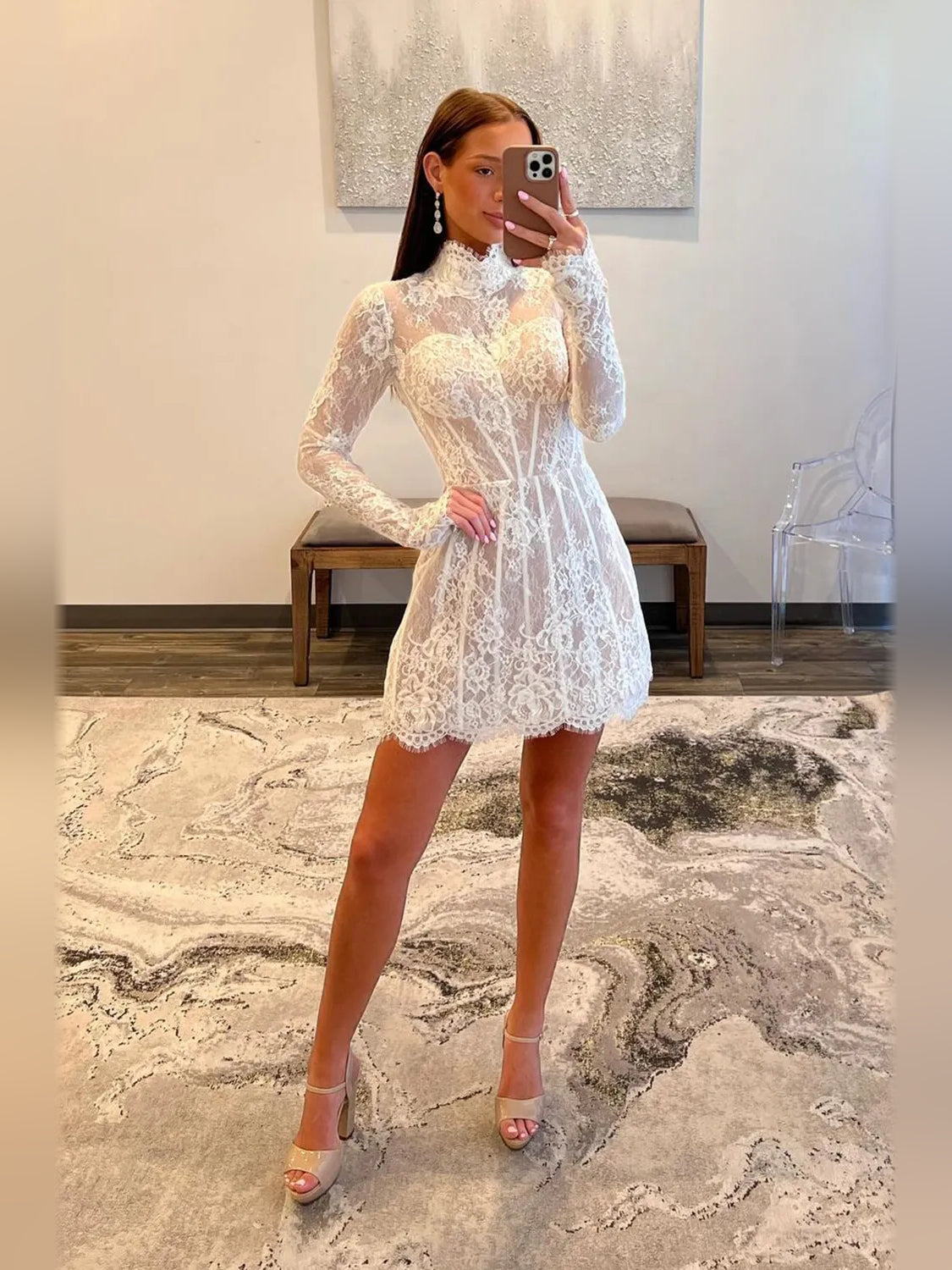 White mini homecoming dress, alternate view showing the skirt and hem