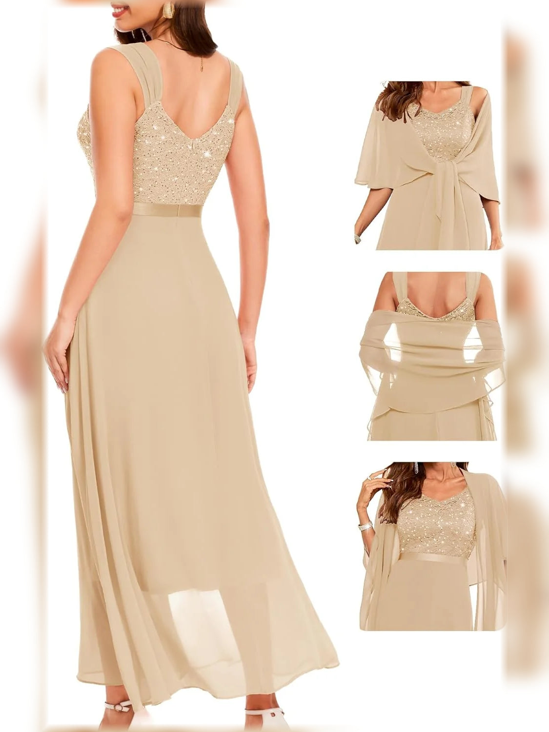 Champagne midi mother of the bride dress, alternate view showing the skirt and hem