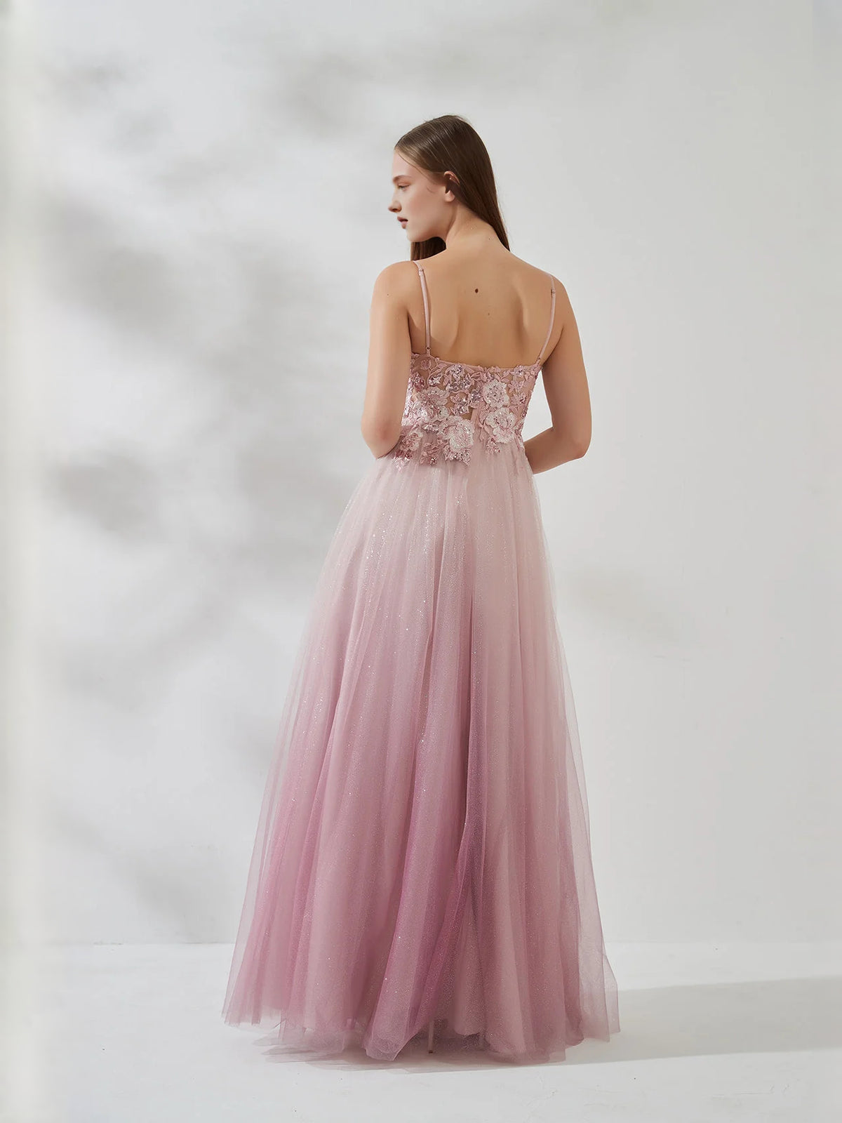 Light Pink maxi prom dress, alternate view showing the skirt and hem