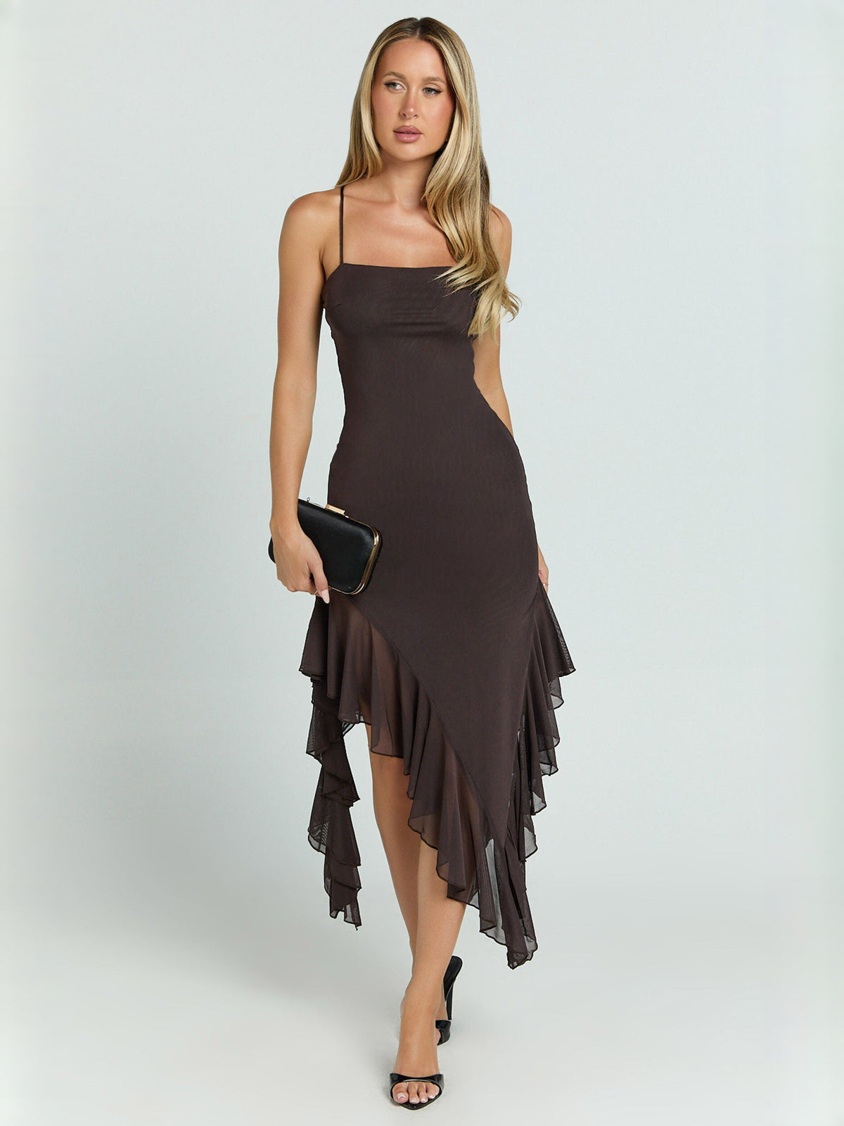 Chocolate midi formal dress with ruffle details, alternate view showing the skirt