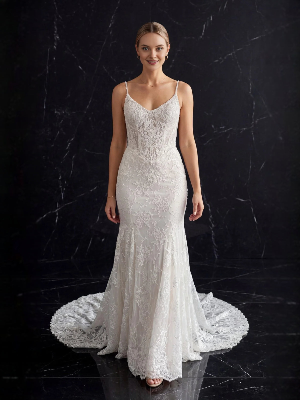 Ivory floor-length wedding dress, alternate view showing the skirt and hem