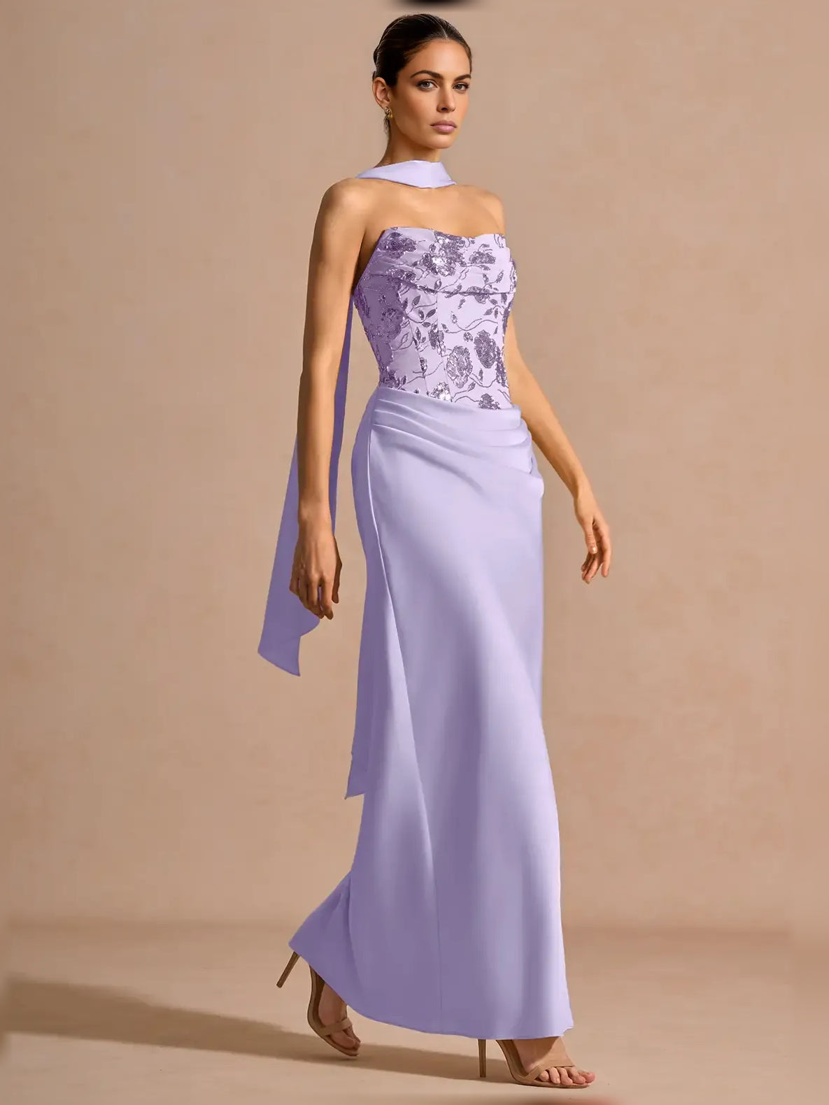 Lilac mermaid floor-length formal dress with corset-style bodice, alternate view