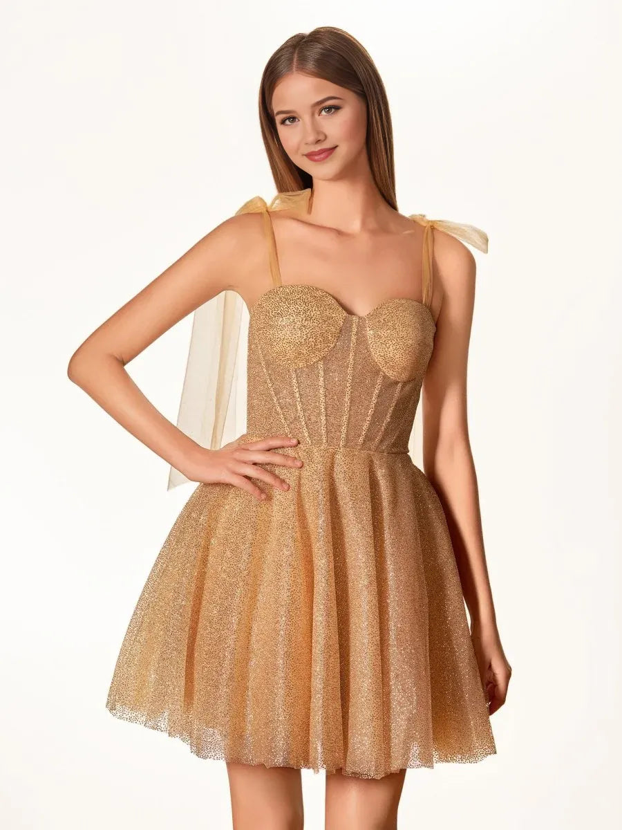 Champagne mini homecoming dress, alternate view showing the skirt and hem