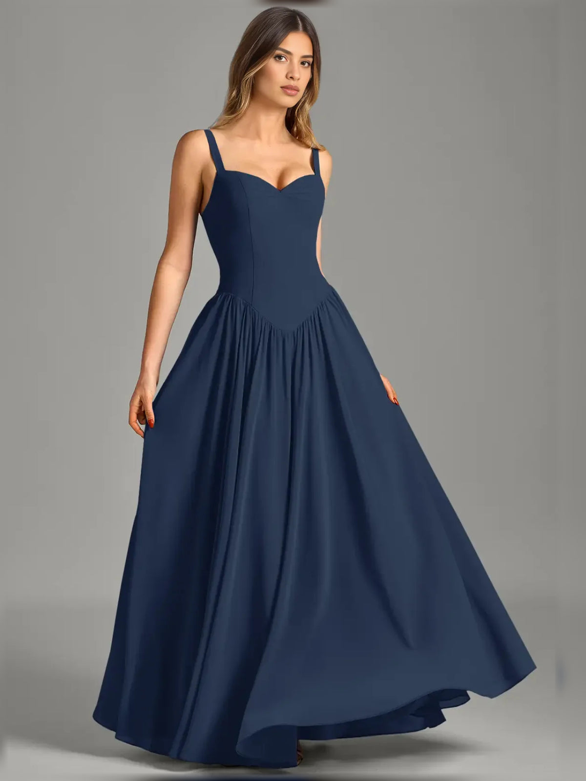Dark Navy maxi bridesmaid dress, alternate view showing the skirt and hem