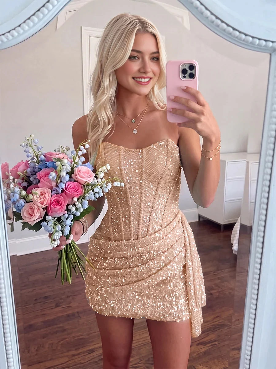 Champagne mini homecoming dress, alternate view showing the skirt and hem