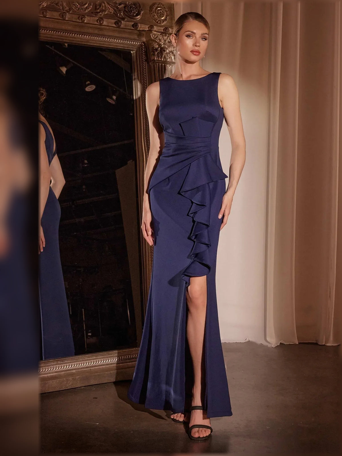 Navy Blue mermaid floor-length formal dress with skirt slit, alternate view