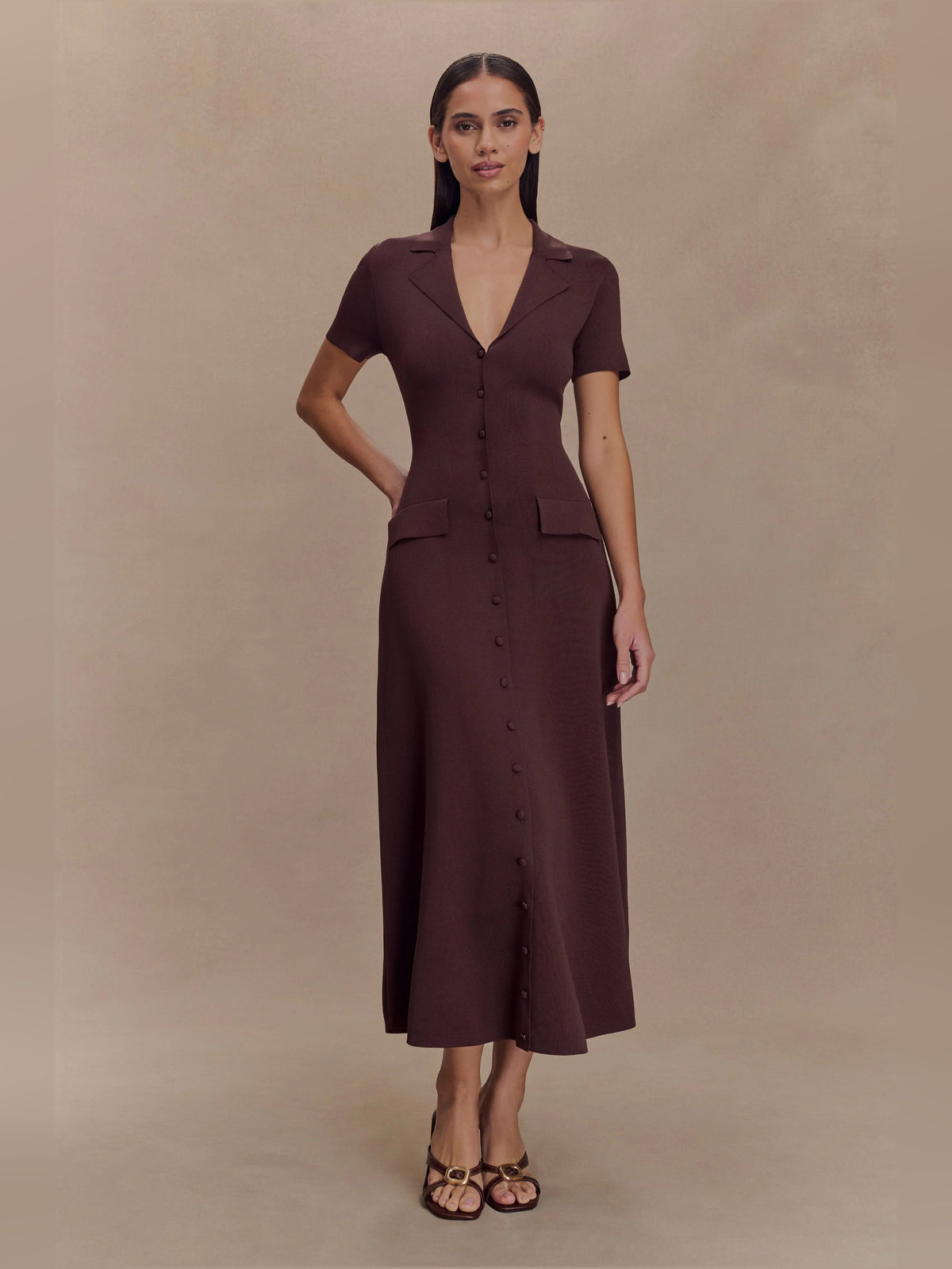 Chocolate midi formal dress, alternate view showing the skirt