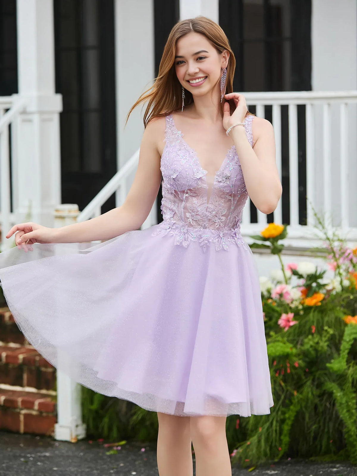 Lilac knee-length homecoming dress, alternate view showing the skirt and hem