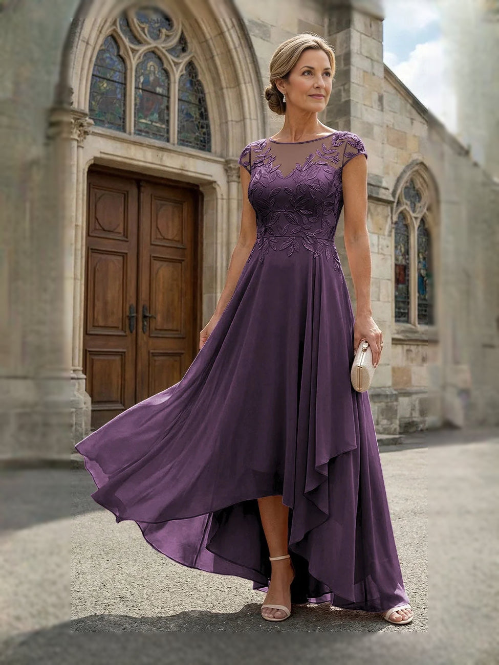 Deep Purple high-low mother of the bride dress, alternate view showing the skirt and hem