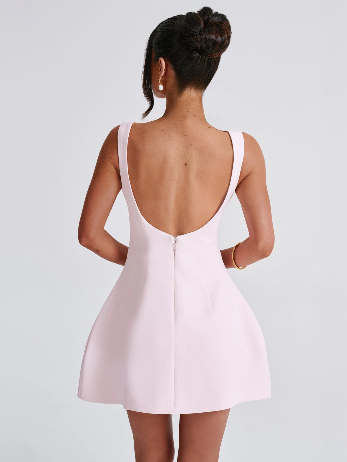 Blush mini homecoming dress, alternate view showing the skirt and hem