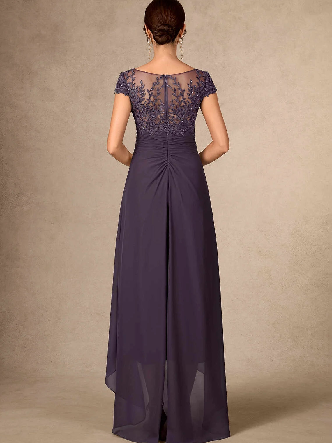 Navy high-low mother of the bride dress, alternate view showing the skirt and hem