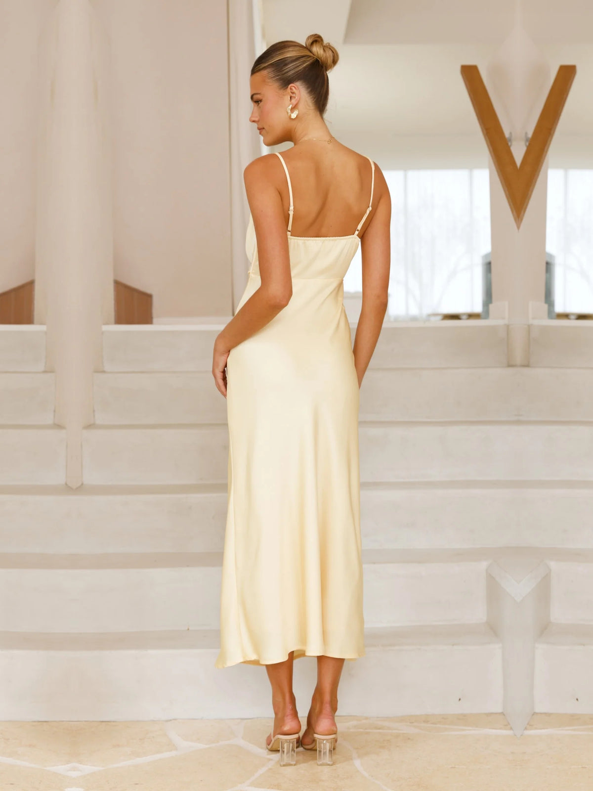 Yellow sheath maxi formal dress with cowl neckline, alternate view showing the skirt