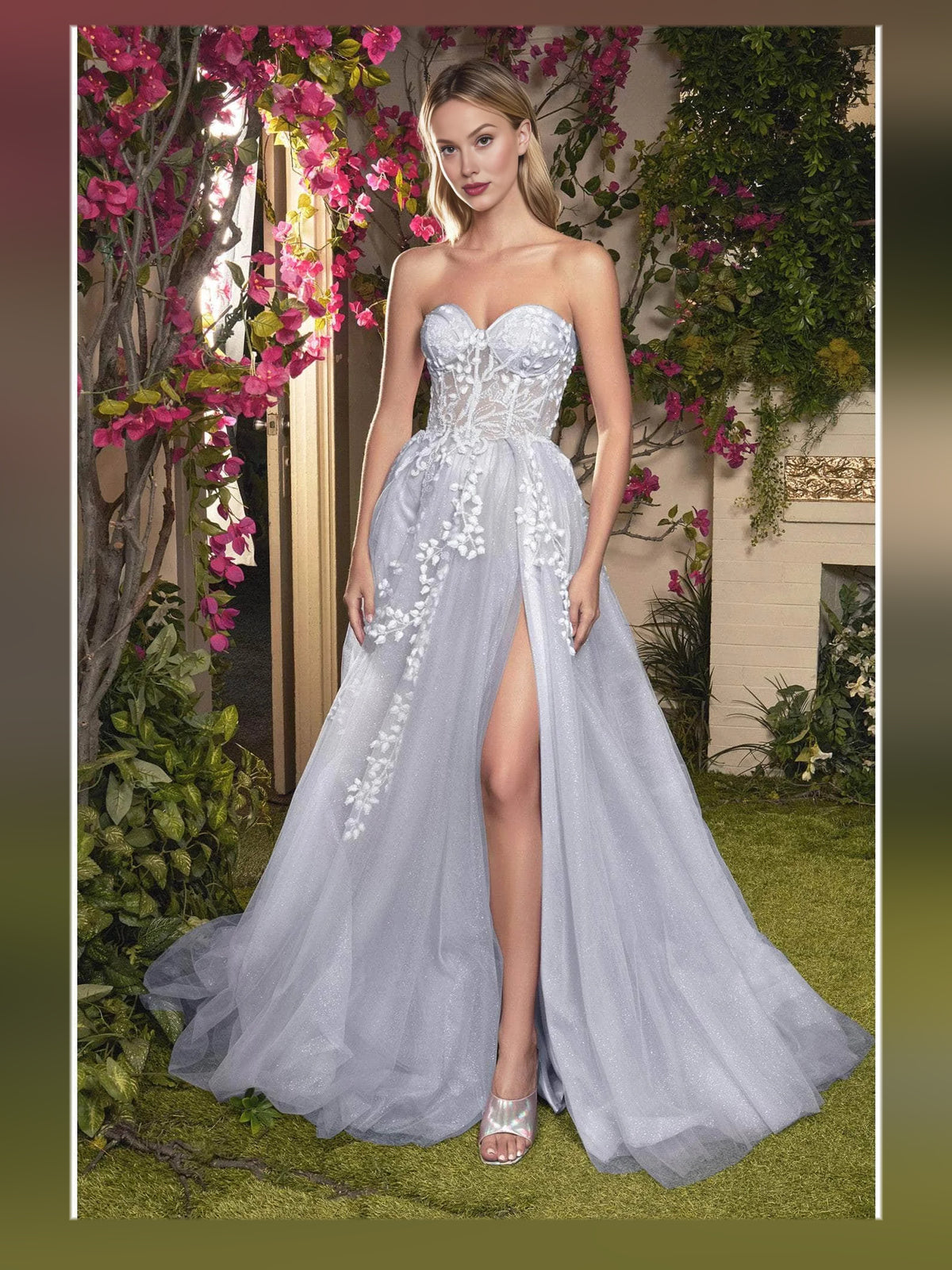Periwinkle floor-length prom dress, alternate view showing the skirt and hem