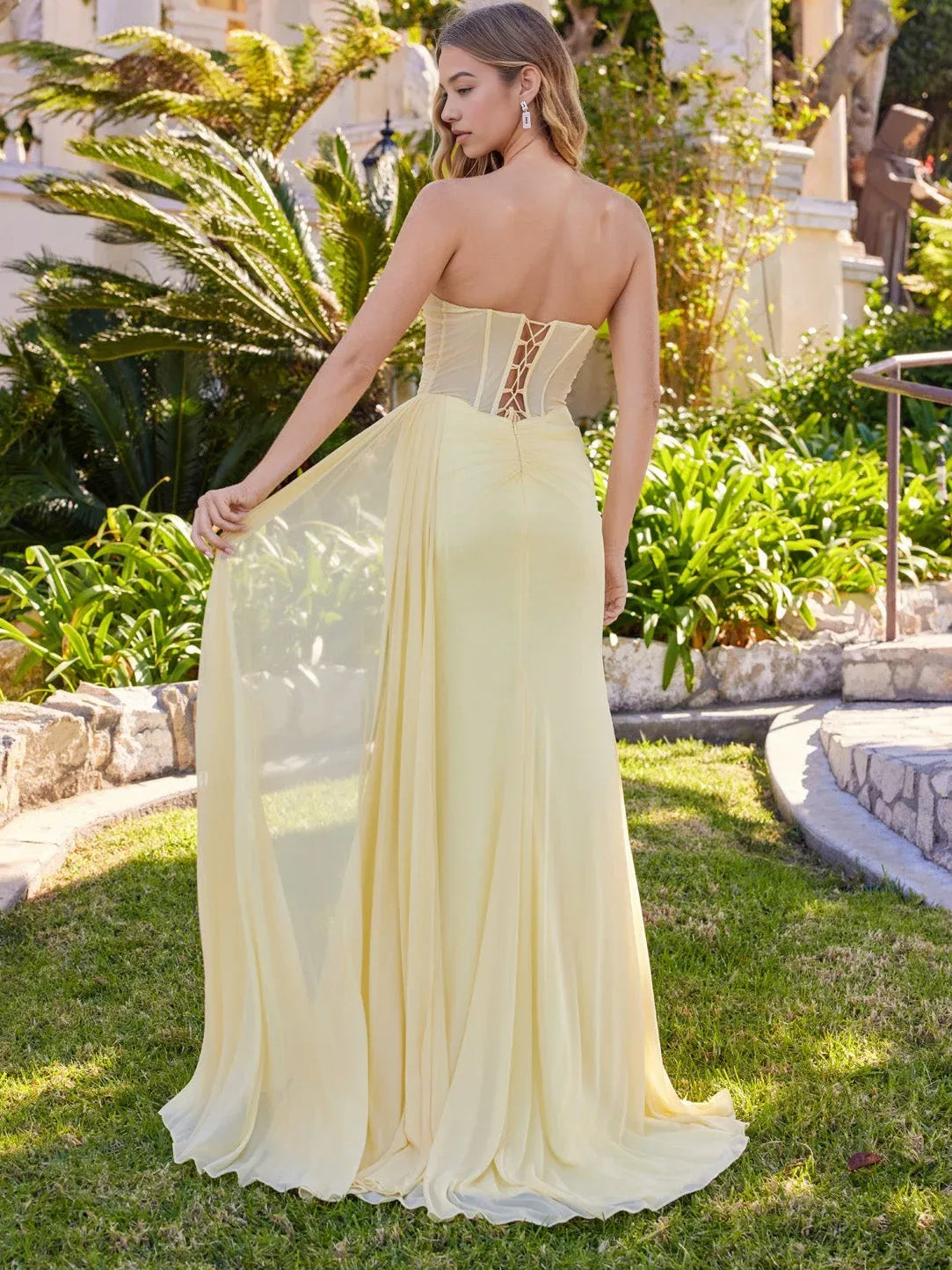 Pale Lemon floor-length prom dress, alternate view showing the skirt and hem