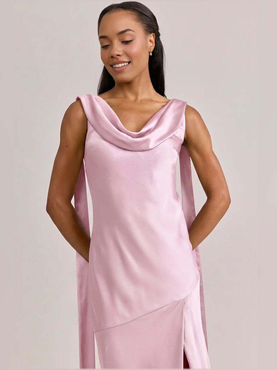 Pink maxi bridesmaid dress, alternate view showing the skirt and hem