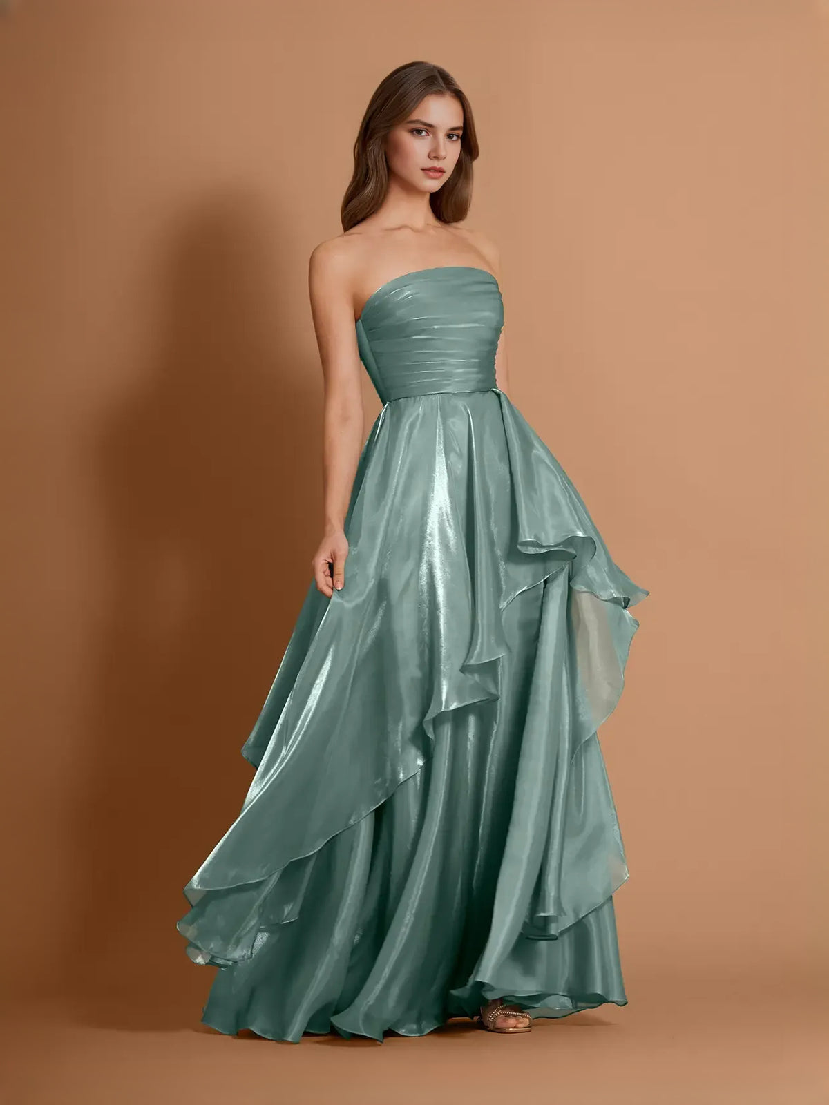 Teal maxi prom dress, alternate view showing the skirt and hem