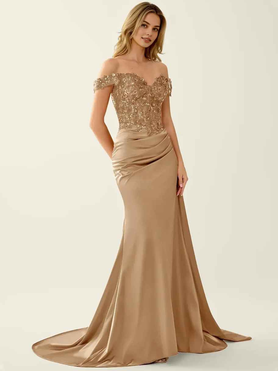 Champagne Gold floor-length prom dress, alternate view showing the skirt and hem
