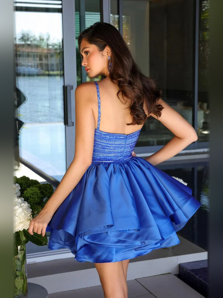 Emerald Green mini homecoming dress, alternate view showing the skirt and hem