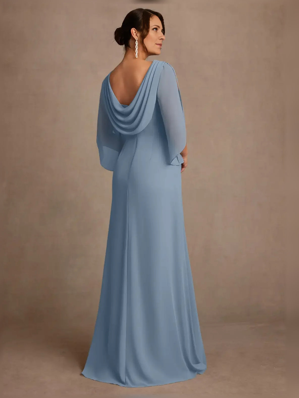 Chocolate floor-length mother of the bride dress, alternate view showing the skirt and hem