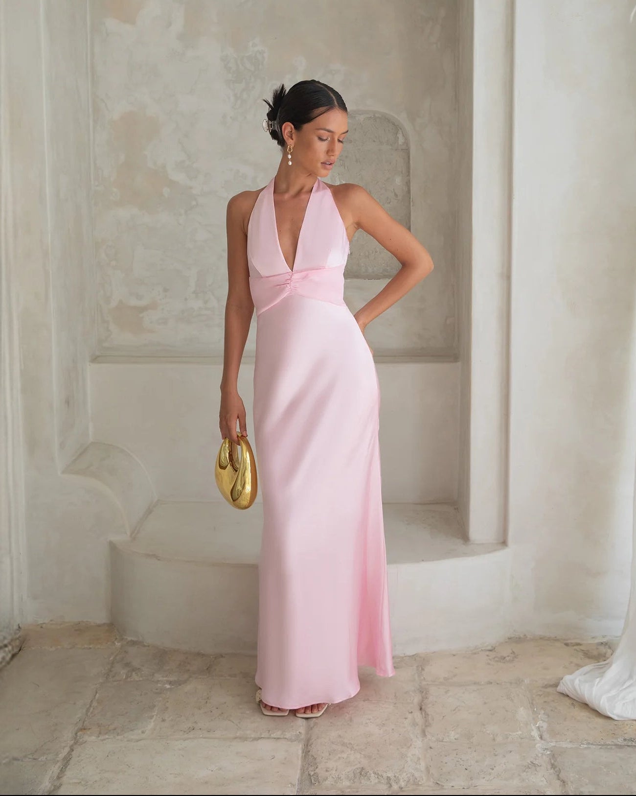 halter neck structured satin a-line maxi bridesmaid dress - image 5