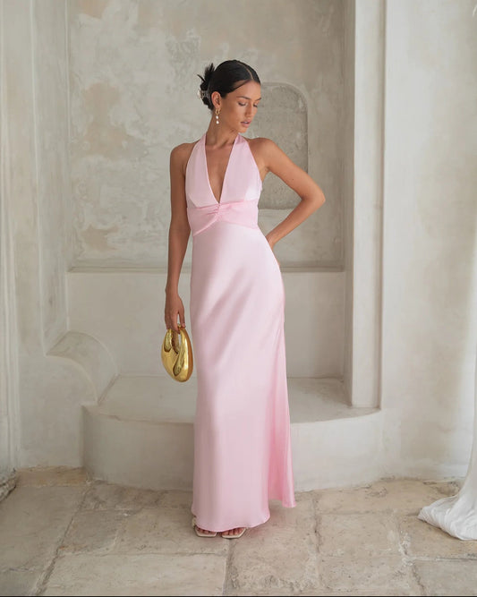 halter neck structured satin a-line maxi bridesmaid dress - image 5