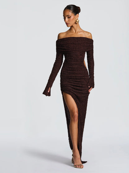 Brown midi formal dress, alternate view showing the skirt