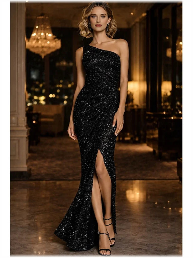 Black mermaid floor-length formal dress with skirt slit, alternate view