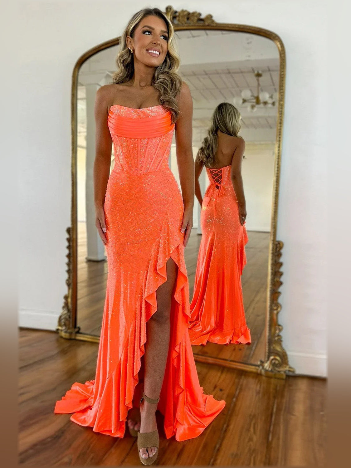 Orange mermaid floor-length formal dress with skirt slit, alternate view
