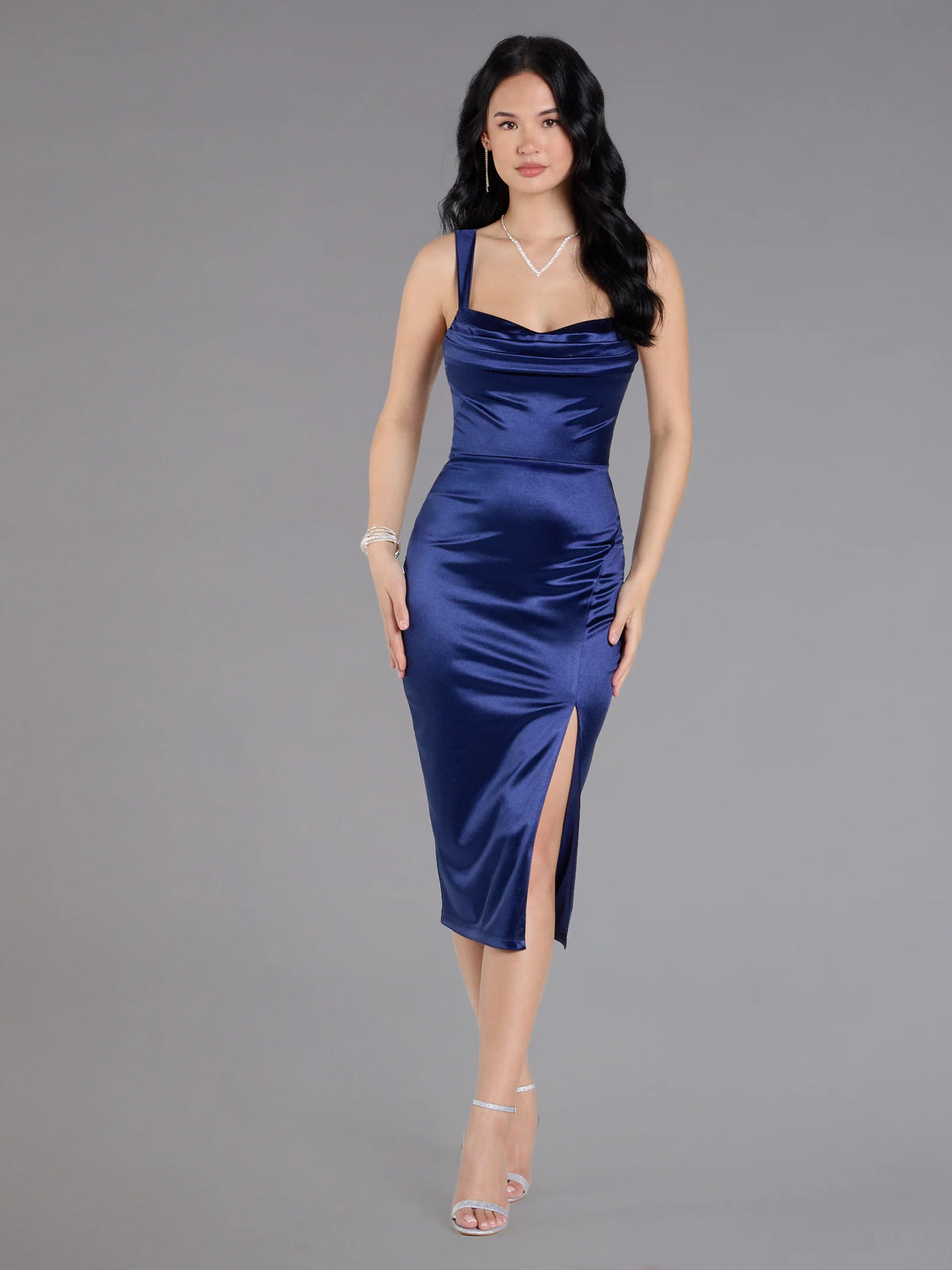 Gray midi formal dress with skirt slit, alternate view showing the skirt