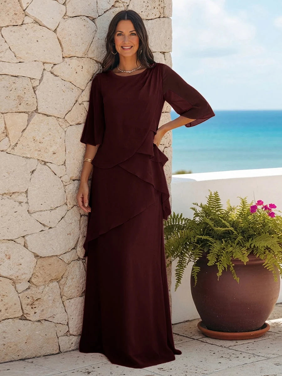 Deep Red floor-length mother of the bride dress, alternate view showing the skirt and hem