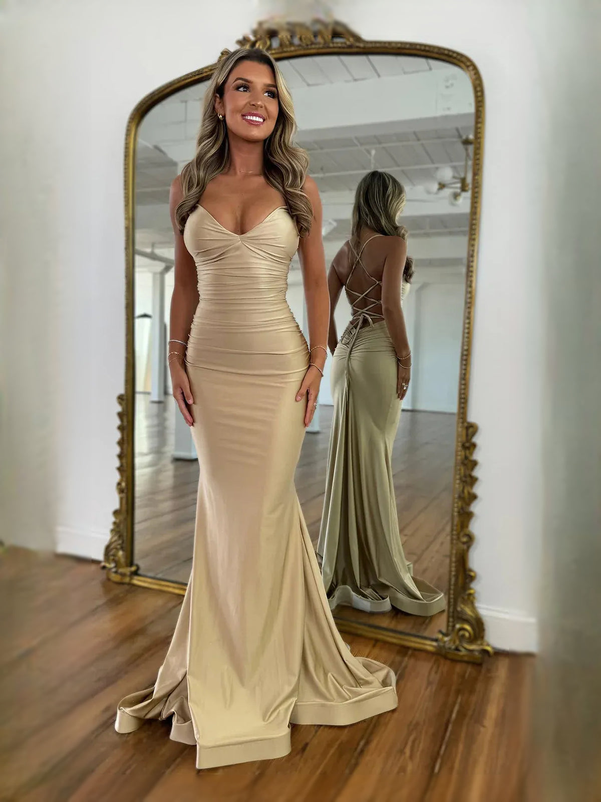 Champagne floor-length prom dress, alternate view showing the skirt and hem