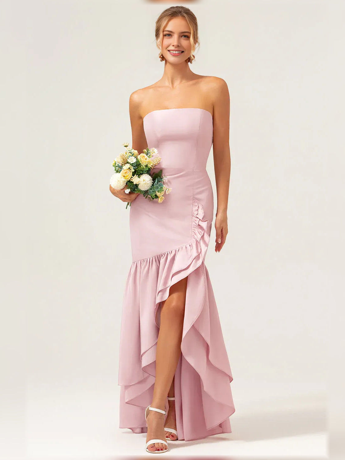 Light Pink sheath floor-length formal dress with ruffle details, alternate view showing the skirt