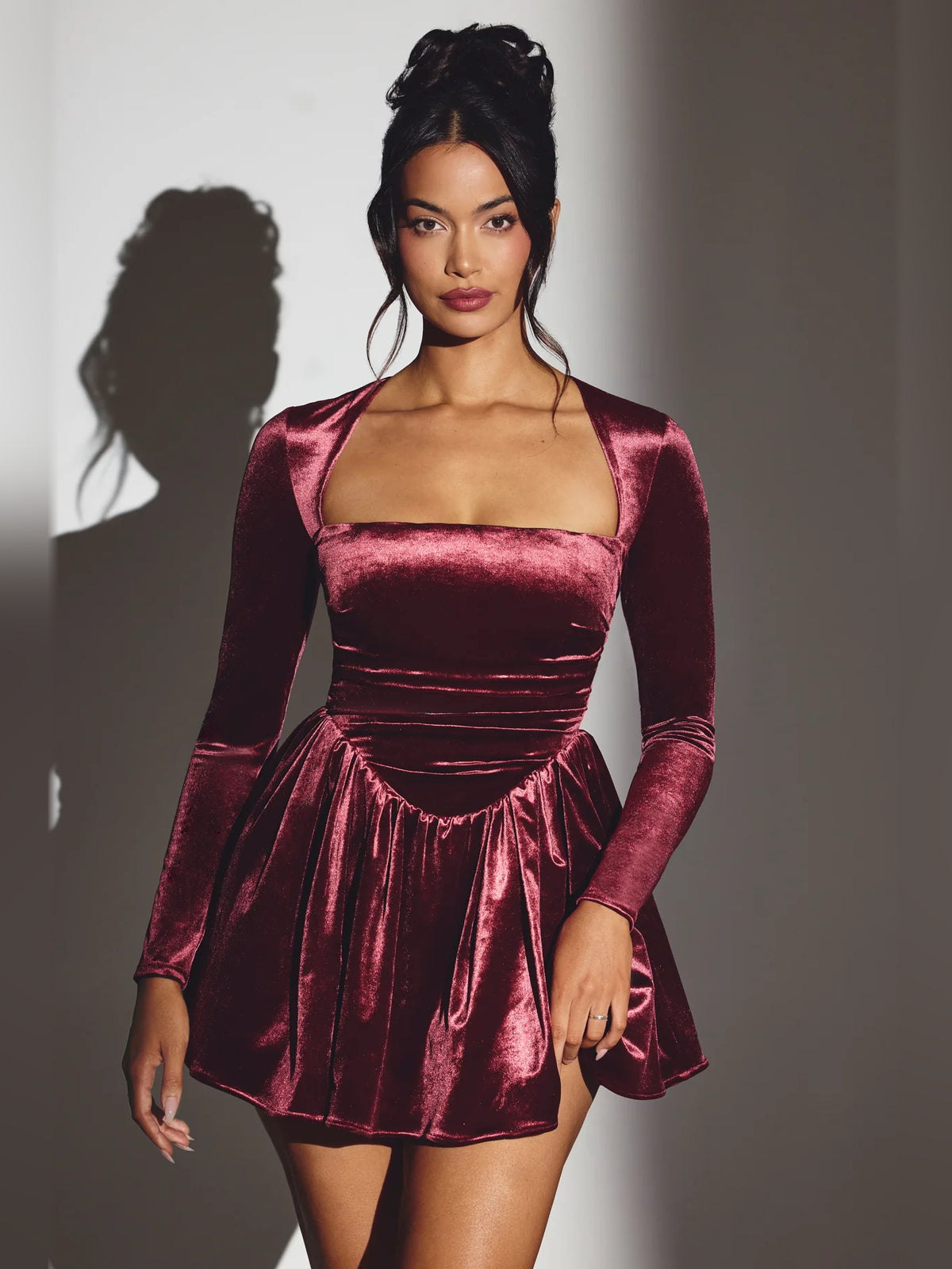 Wine mini homecoming dress, alternate view showing the skirt and hem