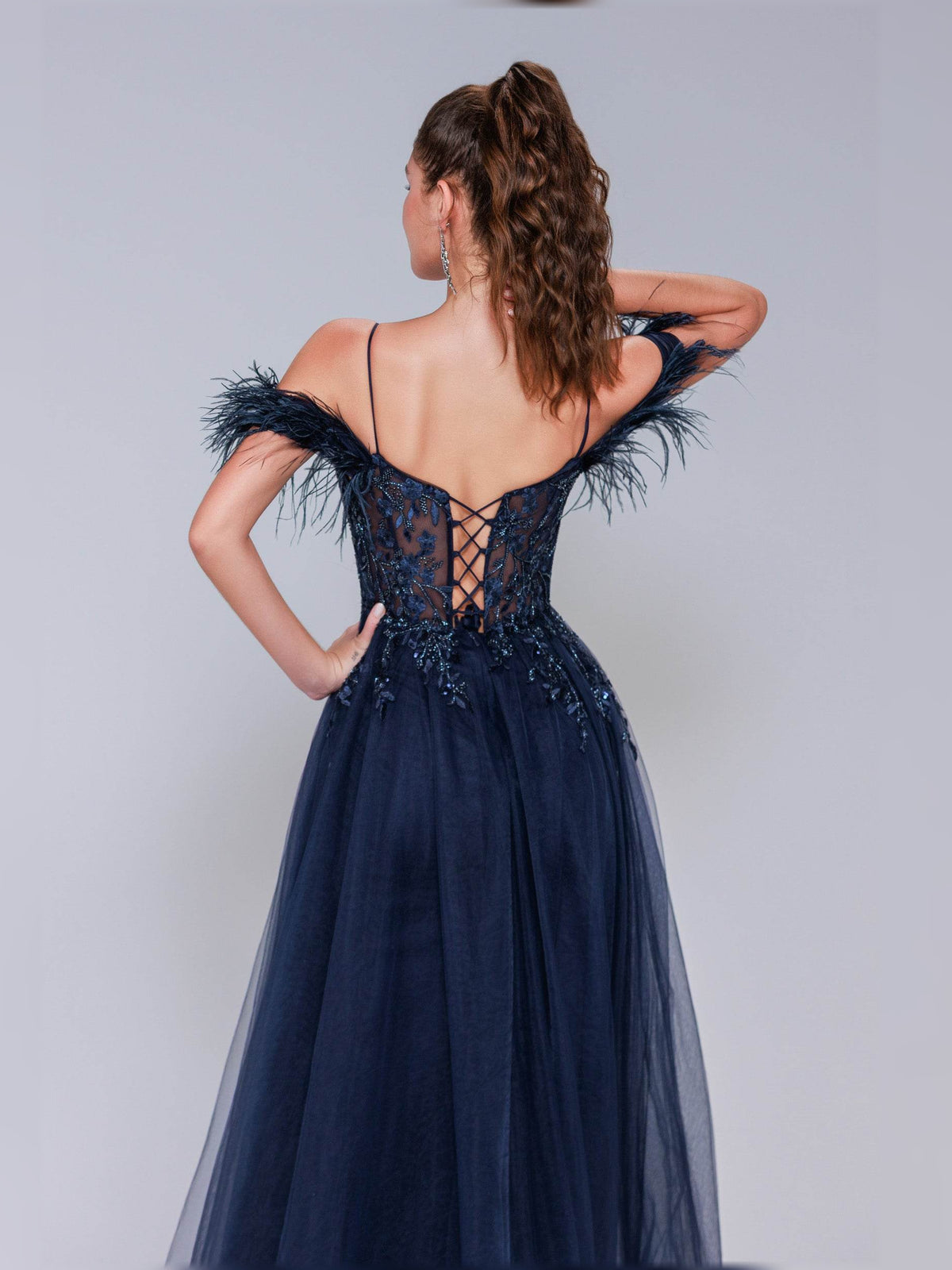 Navy Blue mermaid floor-length formal dress with corset-style bodice, alternate view showing the skirt