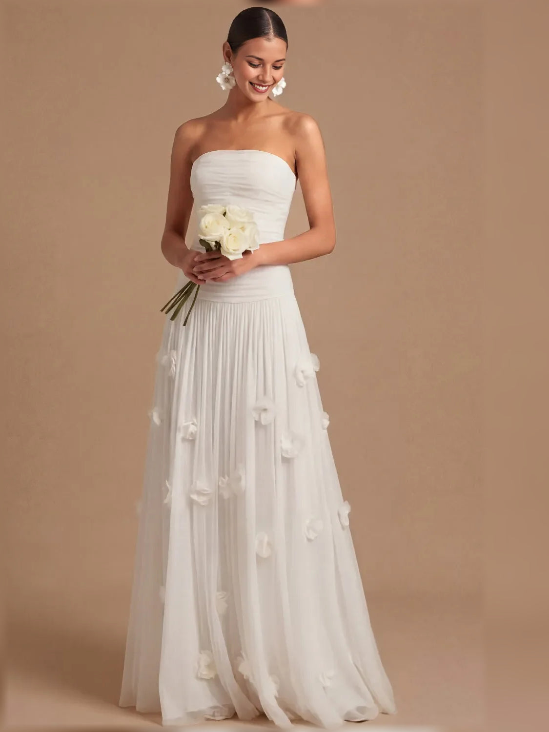 White a-line floor-length formal dress with floral print, alternate view