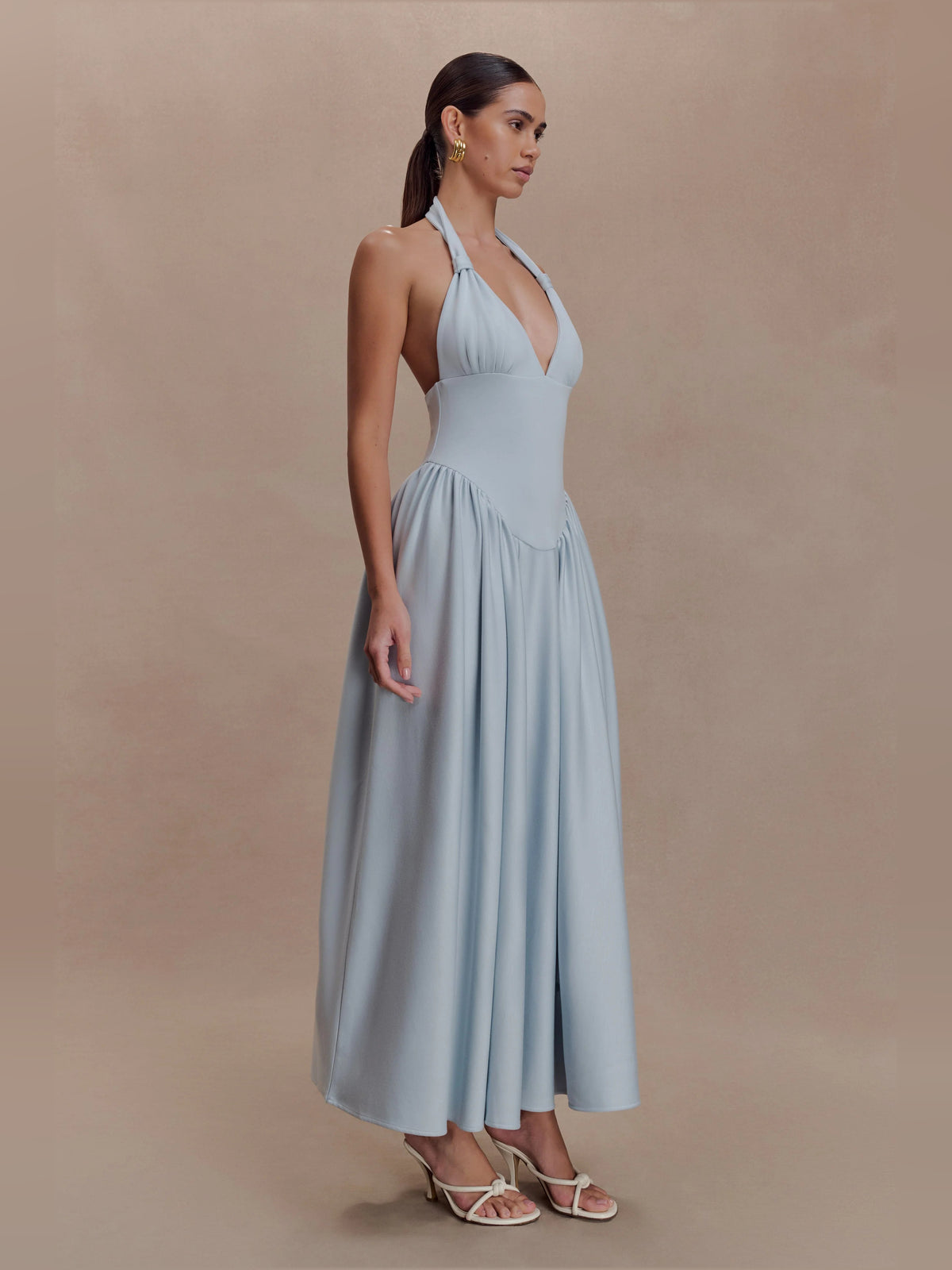 Blue midi formal dress with halter neckline, alternate view showing the skirt